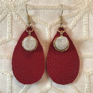 Red & White Leather and Druzy Stone Earrings